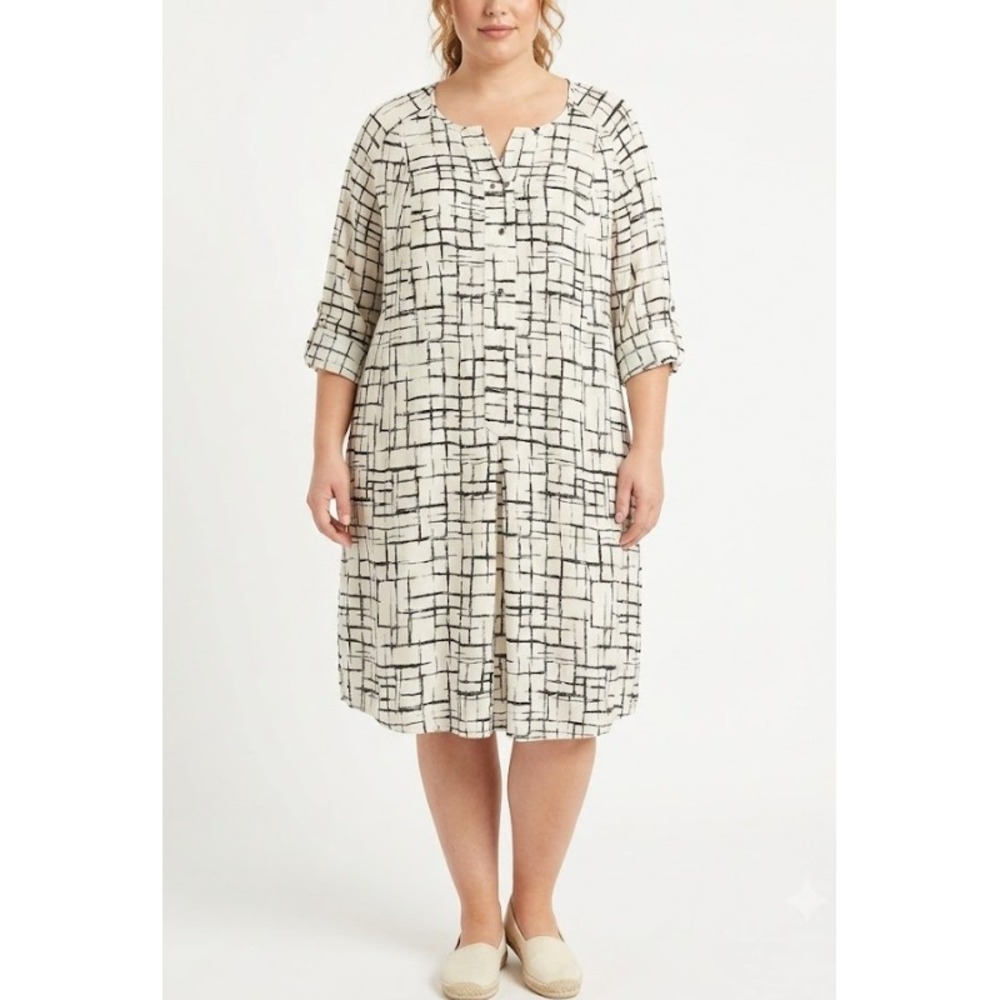 Woman Within Dress‎ size 22W White Black Grid Print Soft Rayon Pockets Comfy